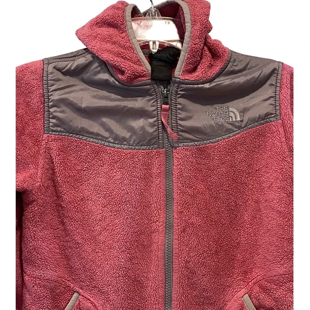 The North Face Girls Pink Grey Denali Hooded Fleece Jacket Size M 10/12 Full Zip